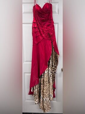 Red Draped High-Low Dress with Leopard Satin Lining